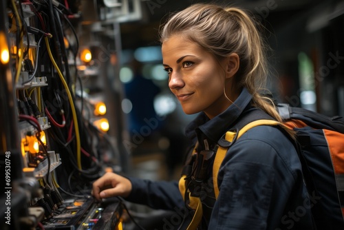 Confident electrician woman proudly standing next to a completed and well-organized electric switchboard system, Generative AI