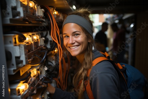 Confident electrician woman proudly standing next to a completed and well-organized electric switchboard system, Generative AI