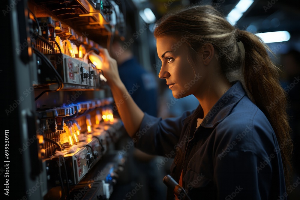 Electrician woman checking the connections in a commercial electric switchboard with a multimeter, guaranteeing functionality, Generative AI