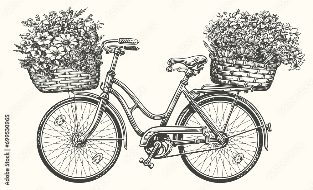 Hand drawn retro bicycle with spring flowers and plants in basket. Vintage sketch vector illustration - obrazy, fototapety, plakaty 