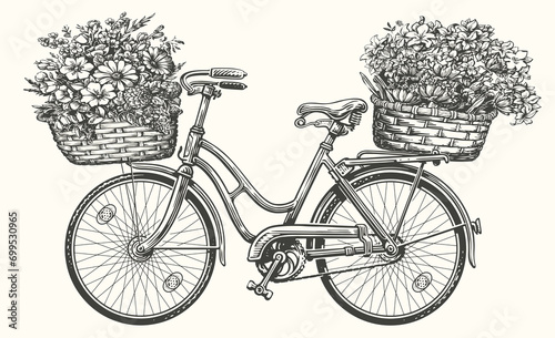 Hand drawn retro bicycle with spring flowers and plants in basket. Vintage sketch vector illustration