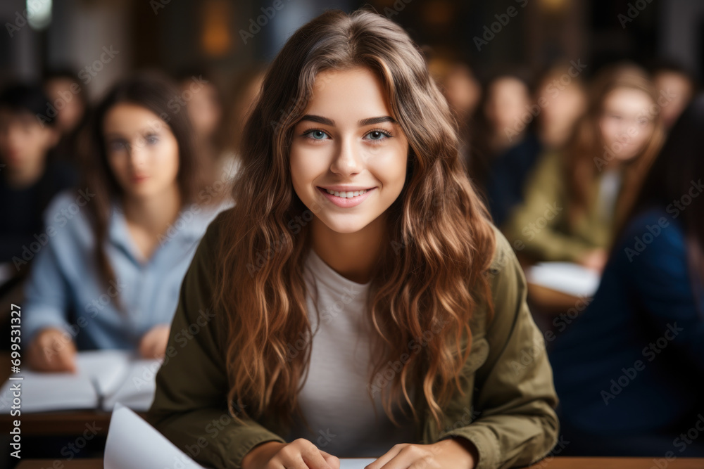 Happy Caucasian schoolgirl sitting at desk at school before class Happy Caucasian schoolgirl sitting at desk at school before class
