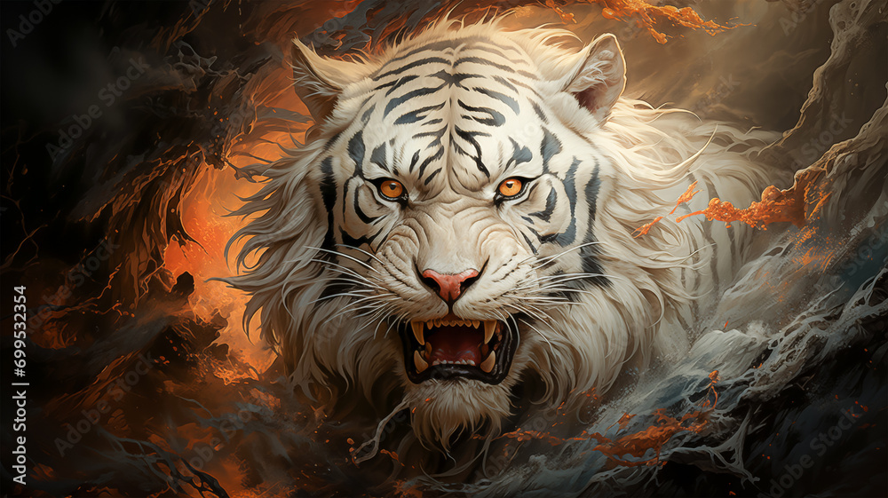 white tiger old Japanese art style