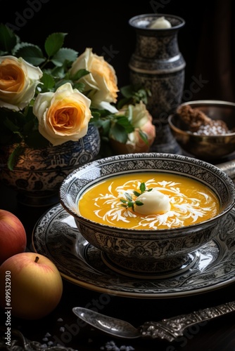 Cozy Evening Dining: Butternut Squash Apple Soup in a Dark Blue Ceramic Bowl with Cream and Thyme