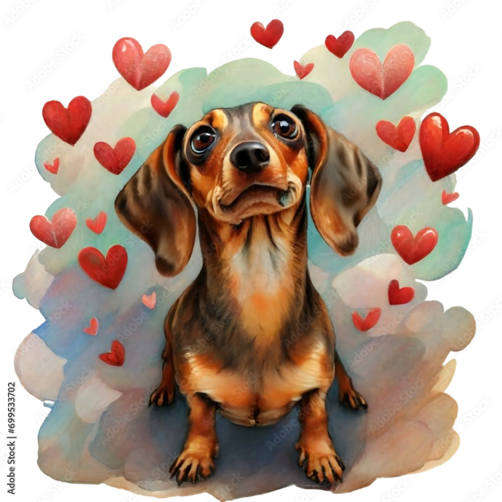  dog on the background of hearts, watercolor graphics full of love for someone you love