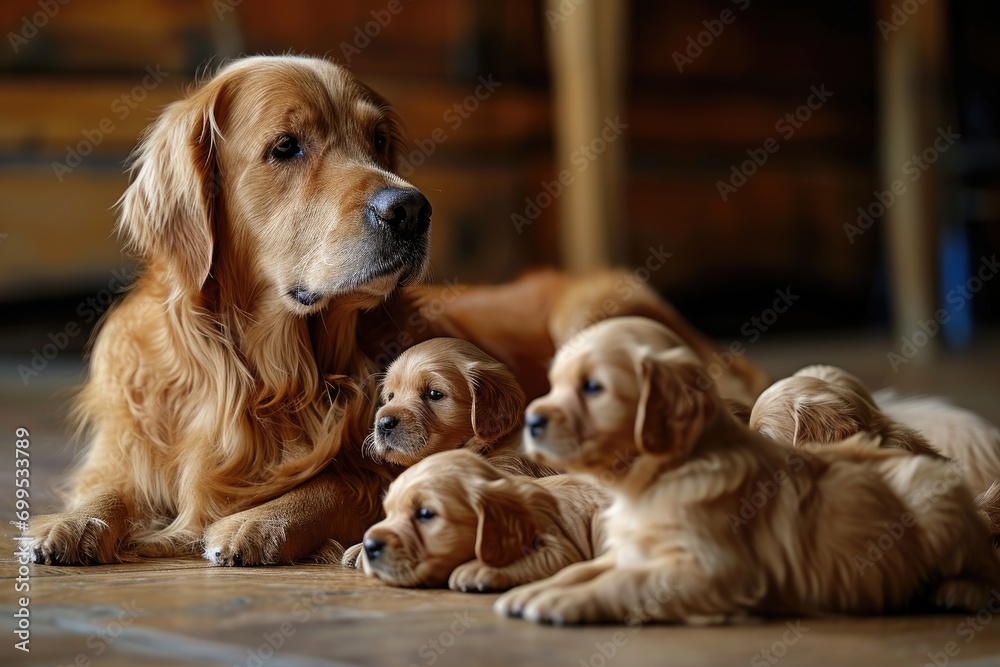 Adorable Golden Retriever puppies with their mother on wooden floor Adorable Golden Retriever puppies with their mother on wooden floor