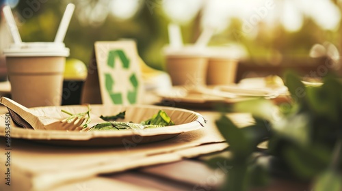 The concept of zero waste and recycling. Use of eco-friendly paper tableware and packaging made from biodegradable materials Delivered food in eco friendly paper packaging boxes on wooden table photo