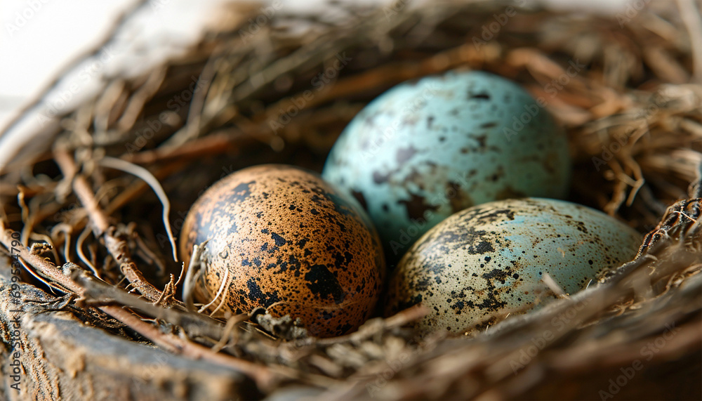 Bird nest in a tree in the forest. Colorful nature spring with leaves and colorful eggs,Bird nest on branch with Easter eggs for Easter design/ Baby bird nesting copy space Bird nest in a tree in the forest. Colorful nature spring with leaves and colorful eggs,Bird nest on branch with Easter eggs for Easter design/ Baby bird nesting copy space