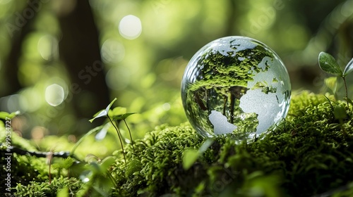 Green Globe In Forest With Moss And Defocused Abstract Sunlight Concept of earth protection day or environmental protection hands to protect the growing forest © VERTEX SPACE
