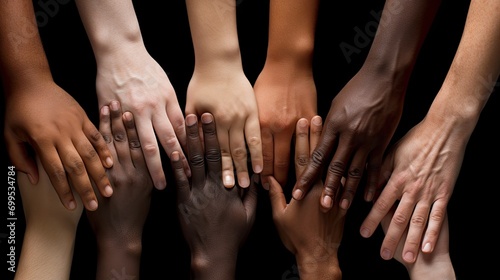 Hands of different people, of diverse race, skin color, gender raising over dark background. Human rights and equality. Concept of human relation, community, togetherness, symbolism, culture