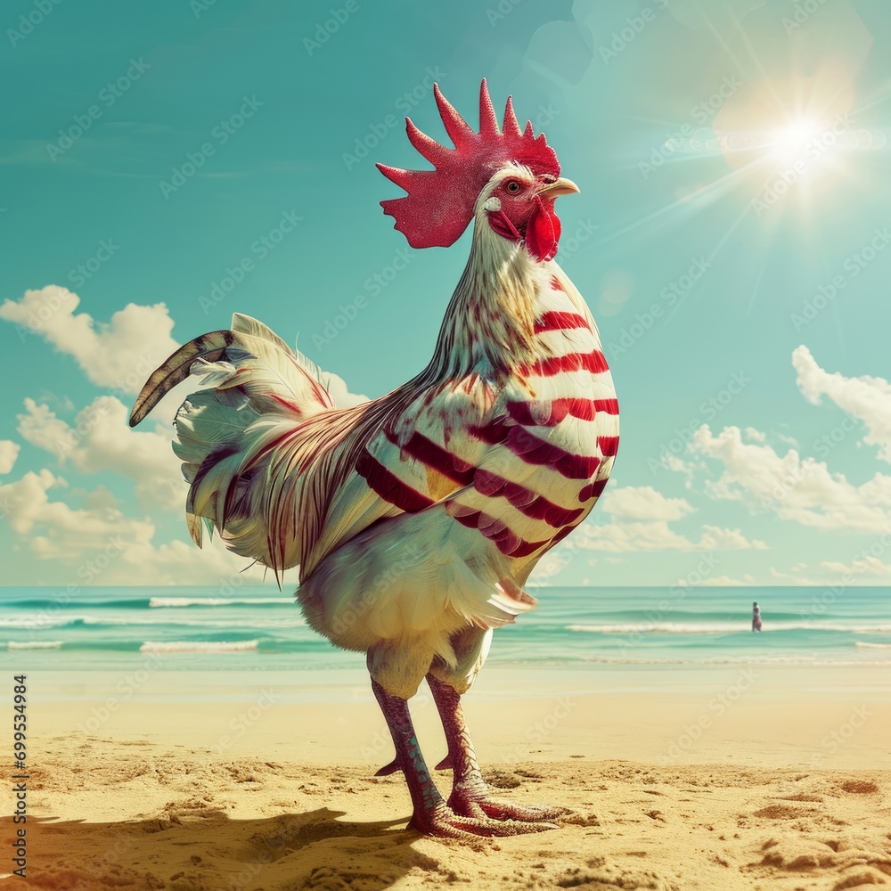 White rooster with red stripes on the beach. Toned. - obrazy, fototapety, plakaty 