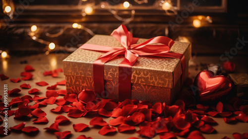 Gift box, bouquet of fresh roses and festive red hearts on dark background. Gift concept for Valentine Day, Wedding or Birthday, flat lay © petrrgoskov