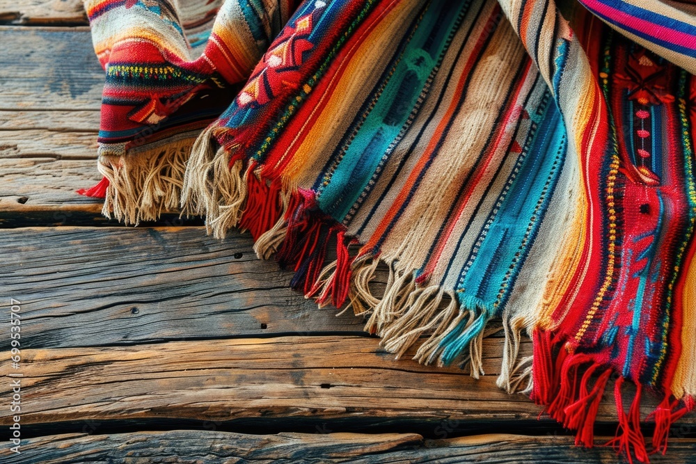 Festive Mexican Serape Blanket on Wooden Plank Background with Copy Space.