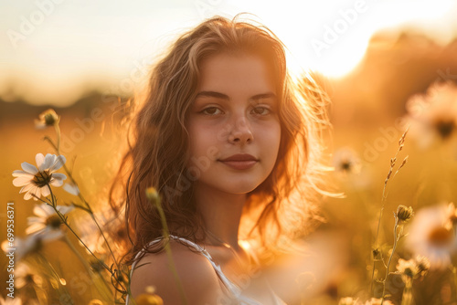 A beautiful young girl in a field with flowers, sunset, golden hour © Florian