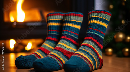 Feet in striped knitted multicolored socks