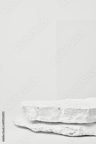 Flat stone pedestal, white template, banner background. Minimalism concept, empty podium display product, presentation scene.