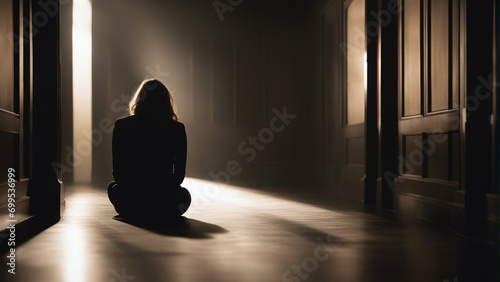 Silhouette of a depressed woman sitting in the dark.