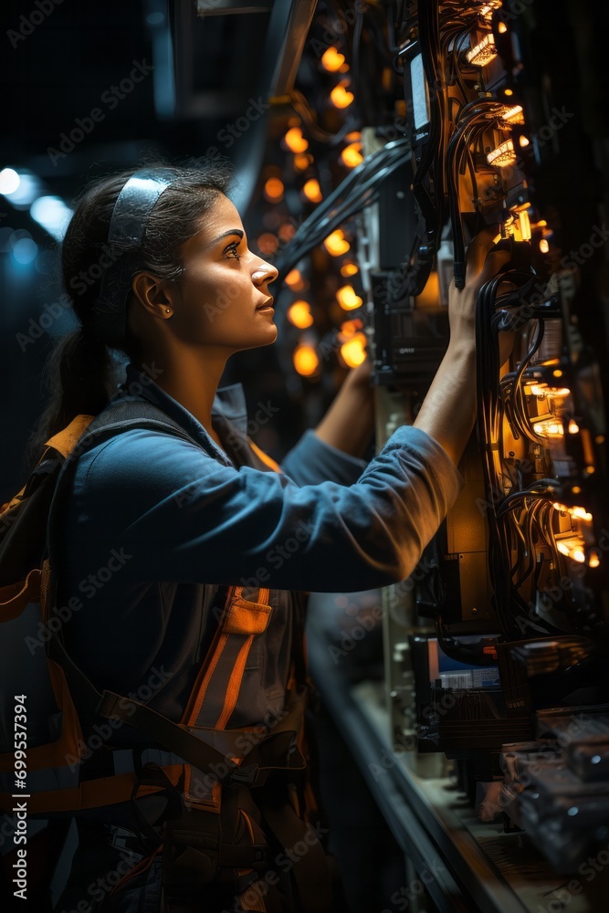 Fototapeta premium Professional female electrician inspecting the connections of a control panel in a data center, maintaining critical infrastructure, Generative AI