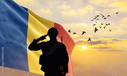 Silhouette of a soldier with the Romania flag stands against the background of a sunset or sunrise. Concept of national holidays. Commemoration Day.