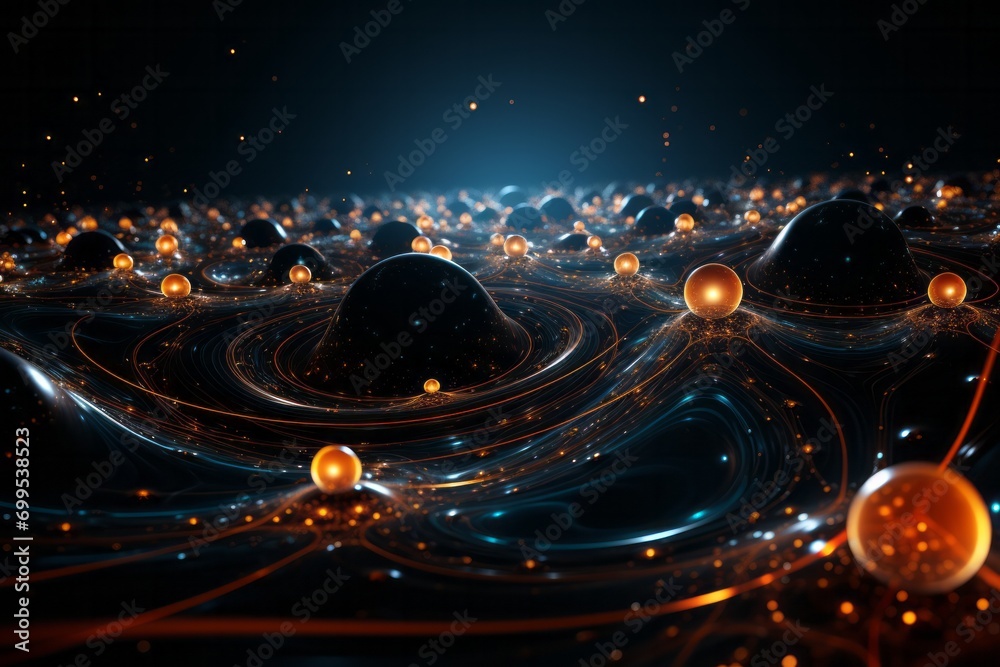 Cosmic Waves and Glowing Celestial Spheres, on an isolated Midnight Black background, Generative AI 