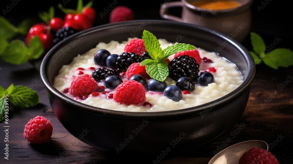 Rice porridge with milk, berries and honey Rice porridge with milk, berries and honey