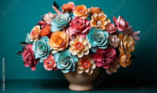 Vibrant Paper Flowers in Decorative Vase Against Teal and Pink Background © Bartek