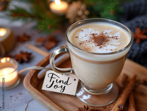 "Find Joy": Coffee or Chai Latte in a Glass Cup on a Wooden Tray. Paper Tag with the motivational quote "Find Joy." Free happiness. Candle light with Latte and cinnamon. Stress Management.