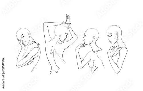 Woman abstract portrait, hairless girls is single line on white background, continuous line drawing, isolated vector illustration. Tattoo, print and logo design for spa or beauty salon. Line art.