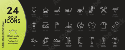 Golf Icon Set with editable stroke thickness. Perfect for logos, stats and infographics. Change the thickness of the line in any vector capable app.