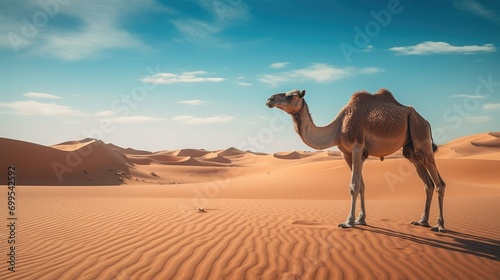 Camel stands against the backdrop of the endless desert photo