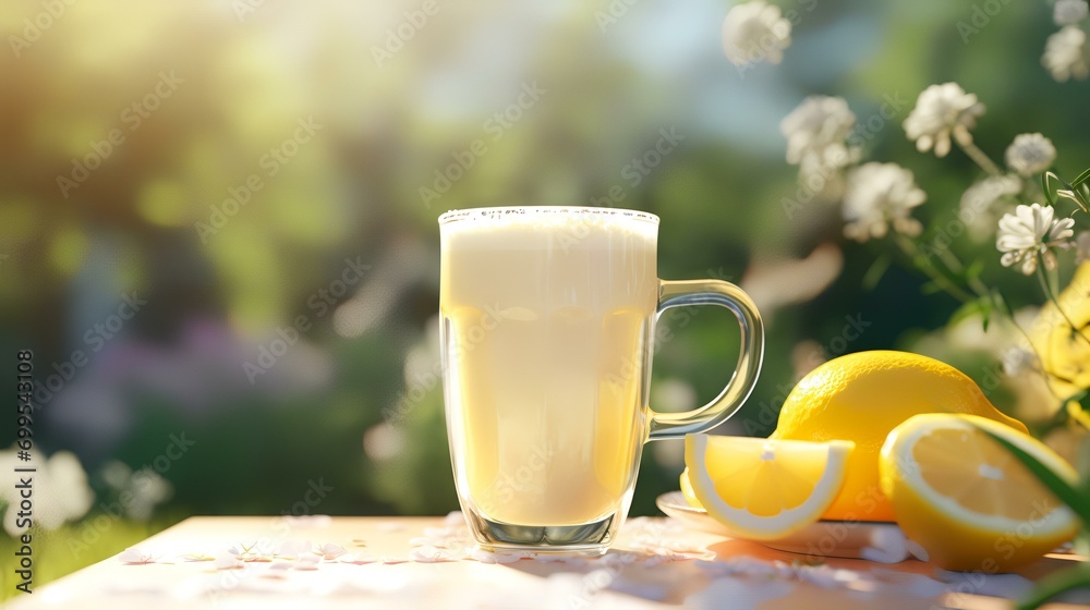 Cup of tea with lemon on table in garden, closeup Cup of tea with lemon on table in garden, closeup