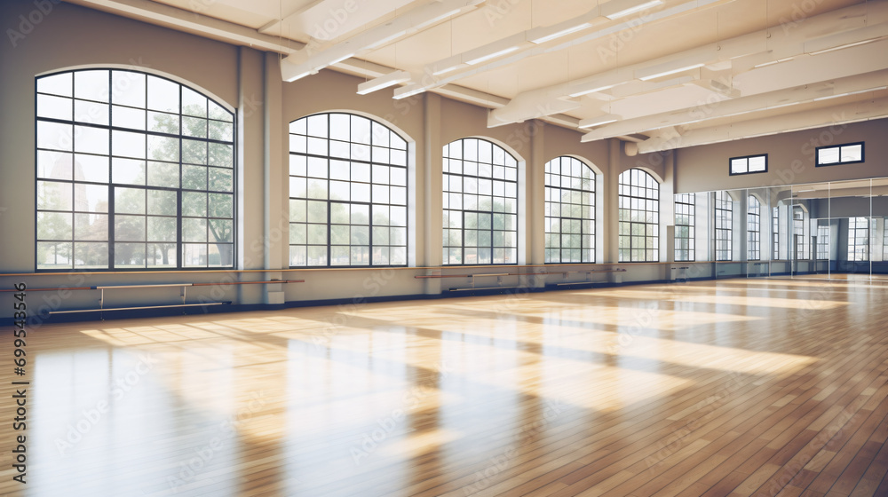 Panoramic empty gym with windows