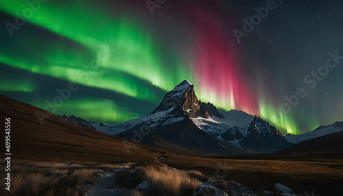 a dark sky with a mountain peak, and a stunning aurora borealis in the background. The scene captures the beauty of the natural world with vibrant colors