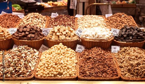 Nuts and dried fruits on the counter in the market