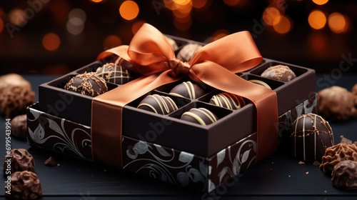 : An assortment of gourmet chocolate pralines in a gift box with a golden bow.