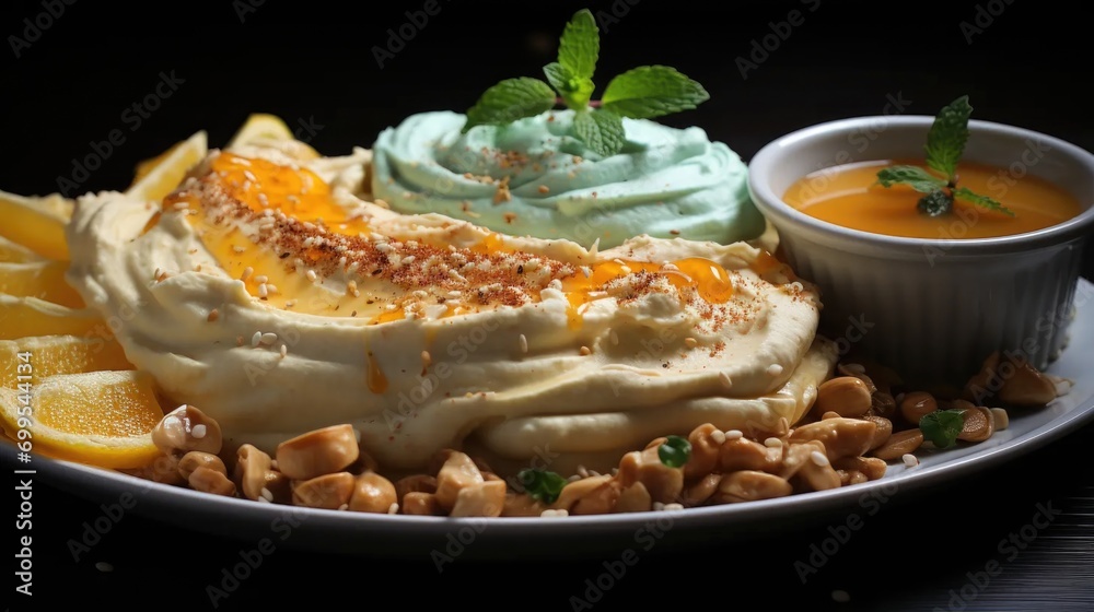 display of Middle Eastern cuisine, including a plate of creamy hummus garnished with spices, herbs and a drizzle of golden olive oil, accompanied by another plate of smooth orange sauce