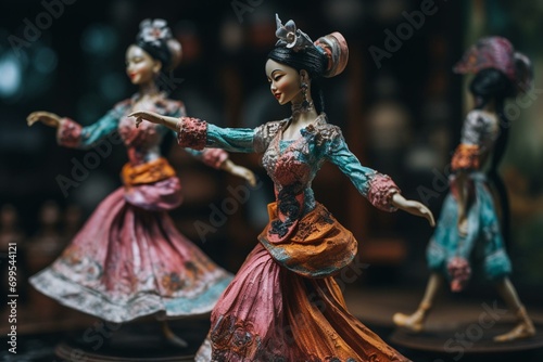 Watercolor impressionist illustrations of Thai dancer dolls. Generative AI