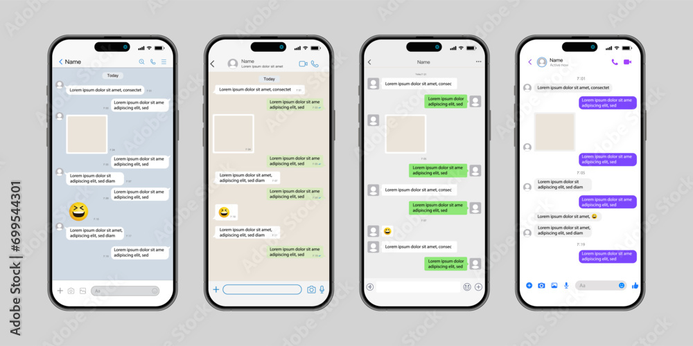 Instant Messaging Mobile App Templates with chatting screen on smart phone. SMS chat composer. Smart Phone chatting messenger template bubbles. Vector Chat app template Vector. - obrazy, fototapety, plakaty 