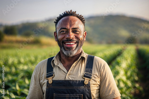 Middle aged man of African ethnicity smiling on a farm, agricultural field background, organic. photo