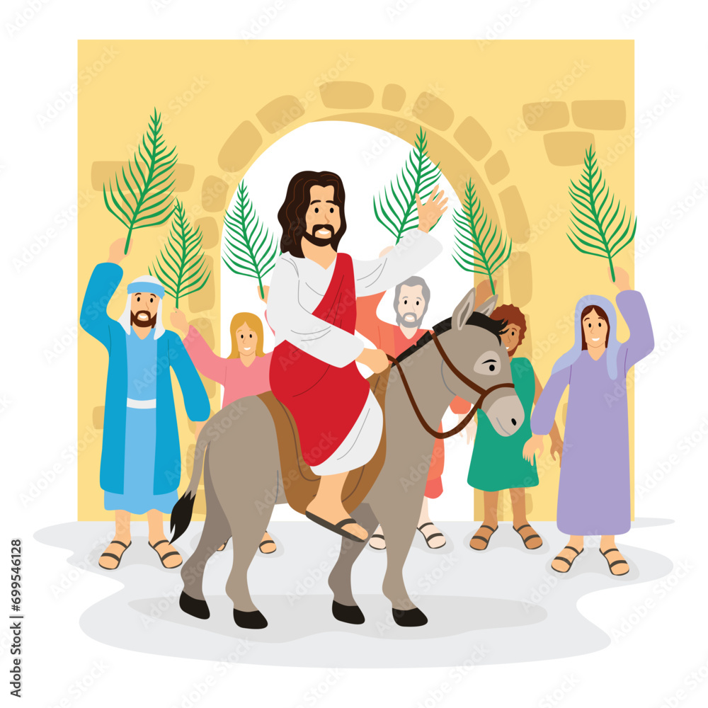 Fototapeta premium Jesus Christ enters the gates of the city of Jerusalem and is greeted by residents with a procession of palm leaves, illustration of Palm Sunday during Easter