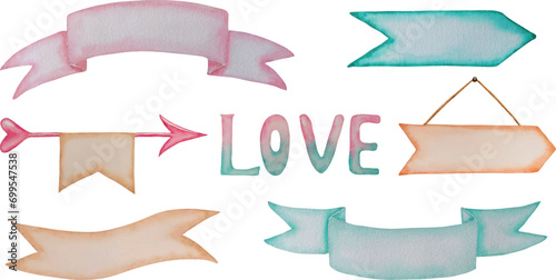 Vector watercolor collection of banners, signs, ribbons, messages, samples, Valentine's day, love, hand painted on paper, white background, text, banner, card, invitation, design, banner, logo, brand photo