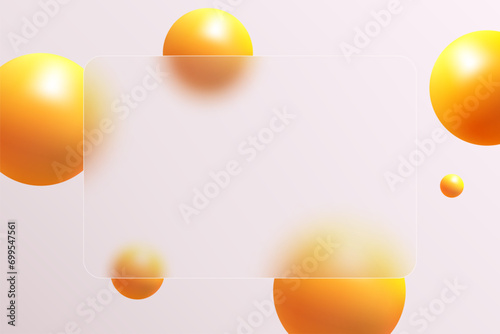 Glass morphism banner template. Plastic rectangle made of transparent plastic with a blur effect. Spheres morphism abstract art.
