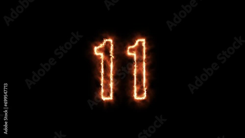 Number 11 fire Animation on a black background. Number Eleven is burning in flames Animation on Isolated Black Background photo