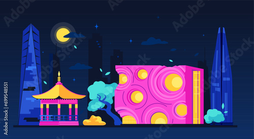 Neon nights in South Korea - modern colored vector illustration with Lotte World and Northeast Asia Trade Tower in Seoul, Kring Kumho Culture Complex and wooden gazebo. Architecture and sights