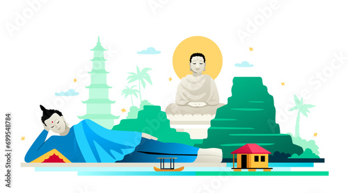 Buddha statues in Vietnam - modern colored vector illustration with Som Rong Pagoda reclining deity and in the traditional lotus position. Landmarks, nature and asian historical heritage idea