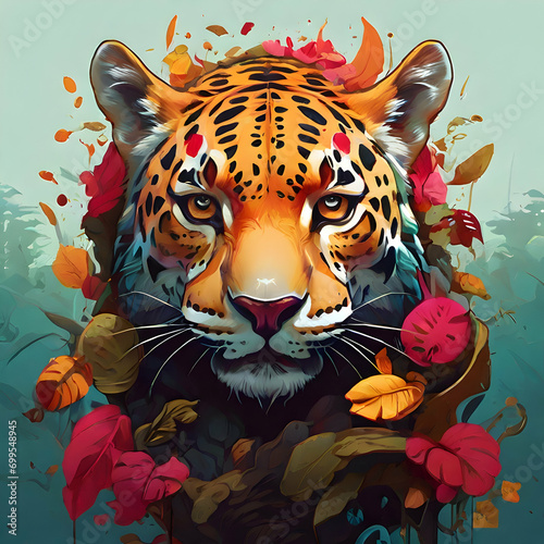 Colorful jaguar head forest motif