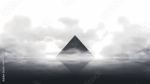 Black and white abstract background with clouds and pyramids in fog