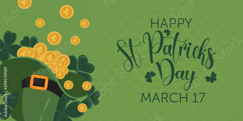 Saint Patrick's Day background with clover and coins. The background is excellent for social media posts, cards, brochures, flyers, and advertising poster templates.	