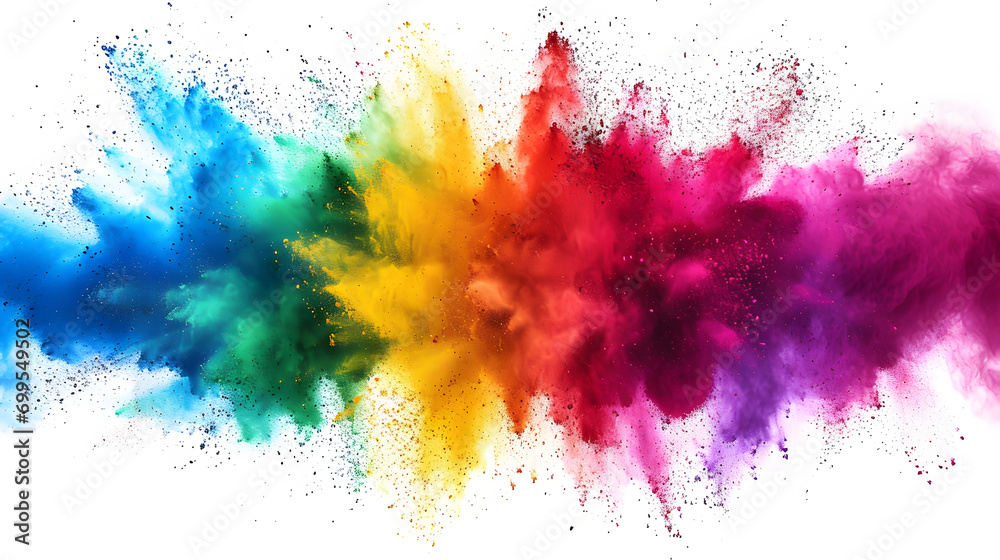 colorful rainbow holi paint color powder explosion isolated white wide panorama background - obrazy, fototapety, plakaty 