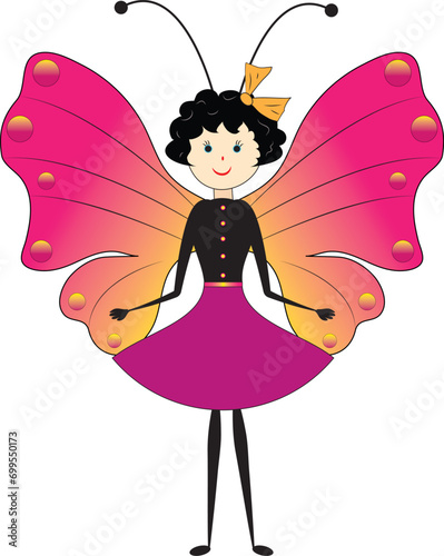 Vector butterfly cute dressed little girl. Creative fairy-tale standing character bug with butterfly wings in a skirt, object isolated.